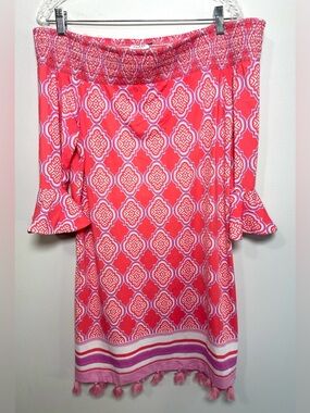 Cabana Life Coral and White Off-Shoulder Tassel-Hem Mini Dress Resortwear L/XL